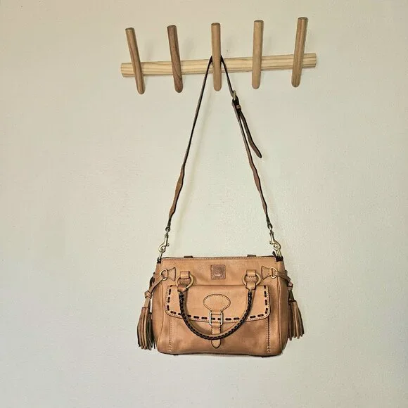 Dooney & Bourke Medium Pocket Satchel Tan Leather Tassel Bag Crossbody 8L977 - Picture 4 of 16